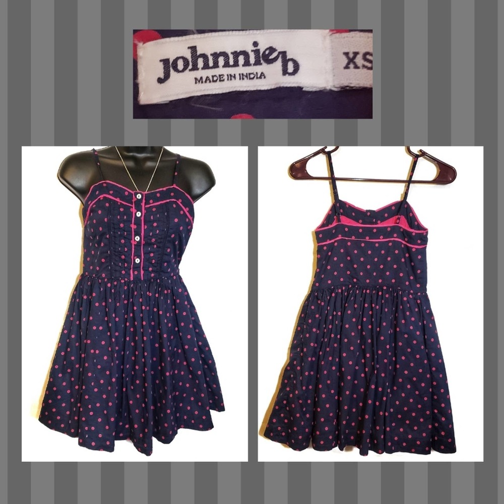 Johnnie B Pink and Navy Polka Dot Pleated Dress